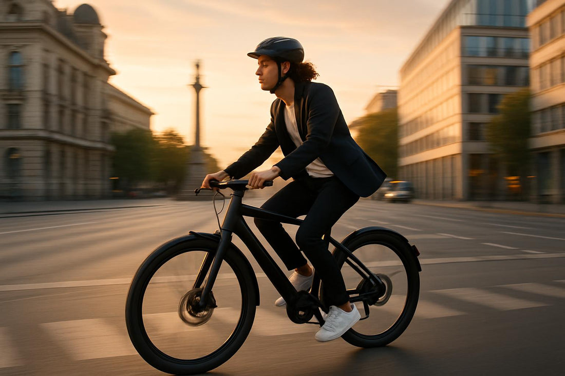 Pendolare con la sua e-bike in una città europea nel 2025, illustrando se le e-bikes valgono la pena per gli spostamenti urbani